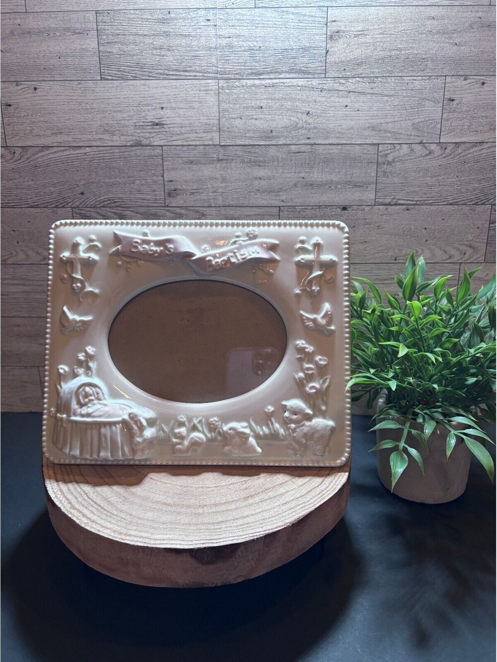 Vintage Russ Berrie Baby's Baptism Porcelain 3.5"x5" Photo Frame Pink Girl